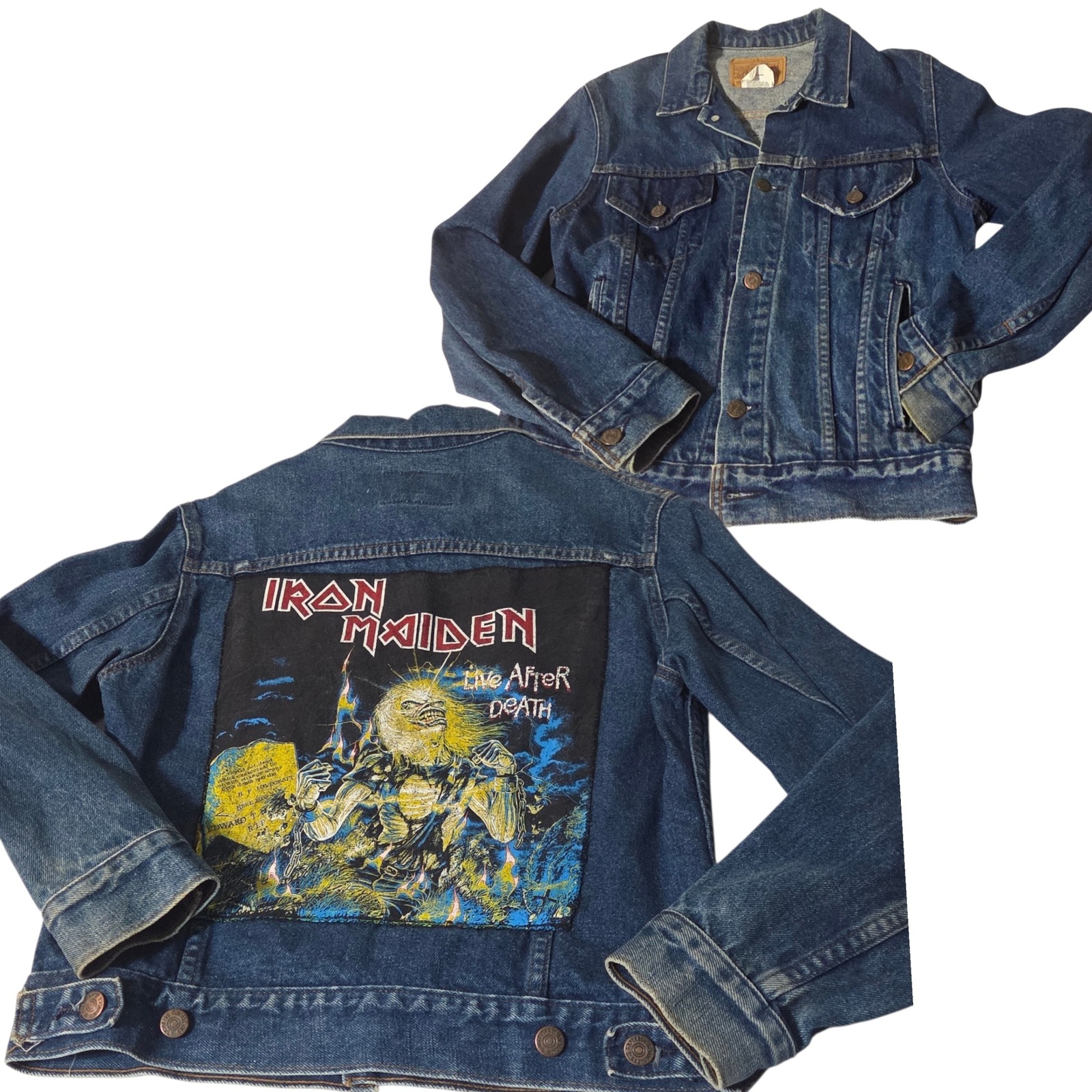 Vtg 80s Iron Maiden Denim Jacket Youth 16 Blue Live After Death Back Patch